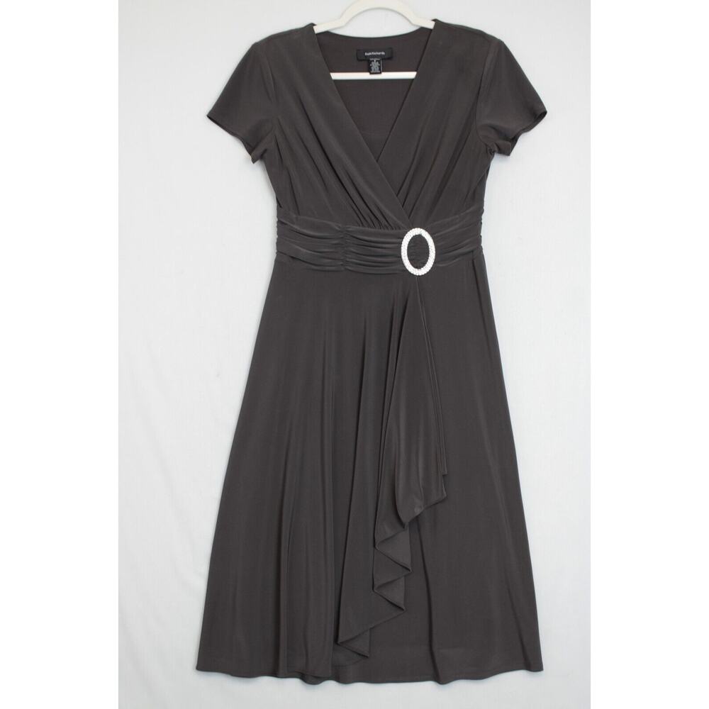 R & M Richards Midi Dress Surplice Ruched Cascade Women 8 Dark Brown Festive
